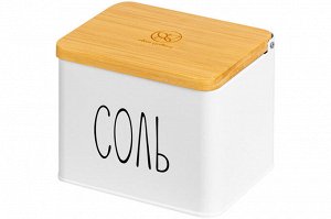 Емкость для хранения 1,5 л с деревянной крышкой "Соль", белая, 14x11x11 см