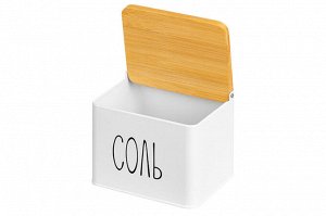 Емкость для хранения 1,5 л с деревянной крышкой "Соль", белая, 14x11x11 см