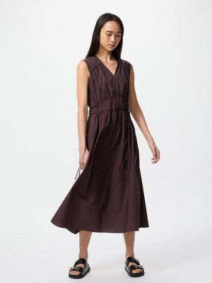 UNIQLO - хлопковое платье с присборенной талией и V-образным вырезом - 19 WINE