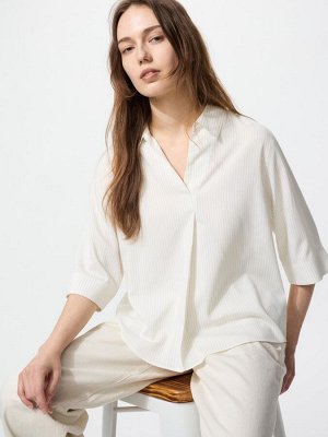 UNIQLO Rayon Skipper Blouse - блузка в полоску с рукавами 3/4 - 01 OFFWHITE