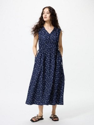 UNIQLO Cotton Gathered Sleeveless Dress – хлопковое платье с поясом и принтом - 01 OFFWHITE
