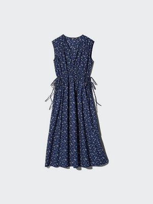 UNIQLO Cotton Gathered Sleeveless Dress – хлопковое платье с поясом и принтом - 01 OFFWHITE
