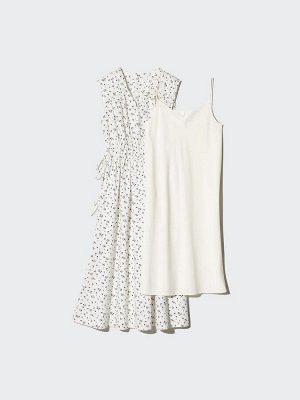 UNIQLO Cotton Gathered Sleeveless Dress – хлопковое платье с поясом и принтом - 01 OFFWHITE