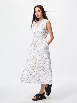 UNIQLO Cotton Gathered Sleeveless Dress – хлопковое платье с поясом и принтом - 01 OFFWHITE