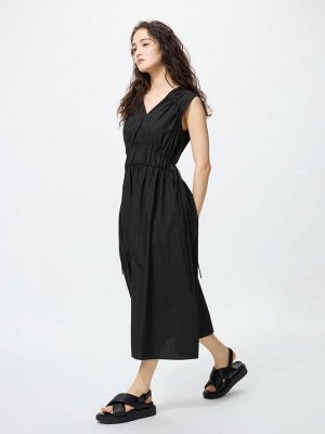 UNIQLO - хлопковое платье с присборенной талией и V-образным вырезом - 09 BLACK