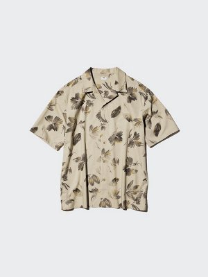 UNIQLO Open Collar Shirt Print – принтованая рубашка с открытым воротом - 32 BEIGE