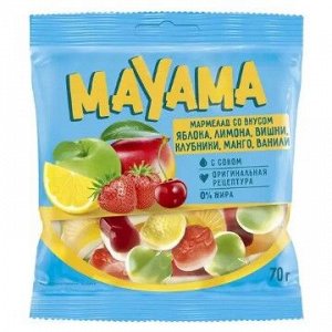 «Mayama», мармелад жевательный со вкусами клубники, яблока, вишни, манго, лимона, 70 г