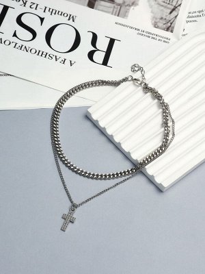 Кулон «Цепь» крест плоский, цвет белый в серебре, 40 см