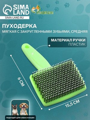 Пуходерка пластиковая мягкая с закругленными зубьями, средняя, 9 х 15,5 см, зелёная
