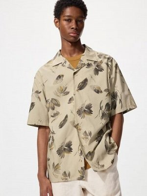 UNIQLO Open Collar Shirt Print – принтованая рубашка с открытым воротом - 32 BEIGE