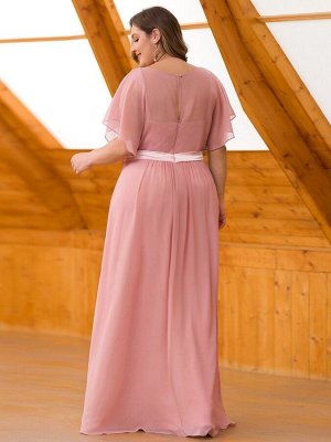 Элегантное розовое длинное платье с коротким рукавом