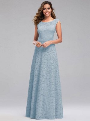 Вечернее кружевное длинное голубое платье без рукавов