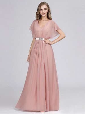 Элегантное розовое длинное платье с коротким рукавом