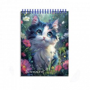 Блокнот А6, 80 л., клетка, гребень, обл. мелов. картон "Котенок на лужайке" Феникс +