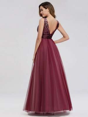 Вечернее длинное бордовое платье с блестящим топом и V-образным вырезом