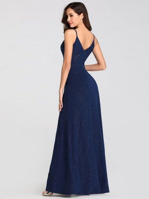 Вечернее длинное блестящее темно-синее платье с разрезом