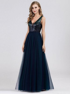 Вечернее длинное темно-синее платье с блестящим топом и V-образным вырезом