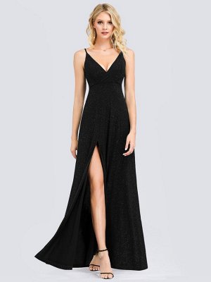 Вечернее длинное блестящее черное платье с разрезом