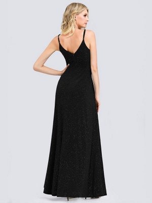 Вечернее длинное блестящее черное платье с разрезом