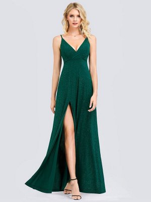 Вечернее длинное блестящее темно-зеленое платье с разрезом