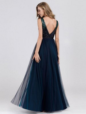 Вечернее длинное темно-синее платье с блестящим топом и V-образным вырезом