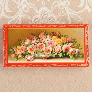 Шкатулка - купюрница «Розы в вазе», красная, 8,5х17 см, лаковая миниатюра