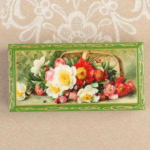 Шкатулка - купюрница «Букет цветов», зелёная, 8,5х17 см, лаковая миниатюра
