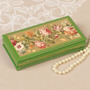 Шкатулка - купюрница «Узор из цветов», 8,5х17 см, зелёная, лаковая миниатюра