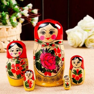 Матрёшка «Семёновская», красный платок, 5 кукольная, 14 см