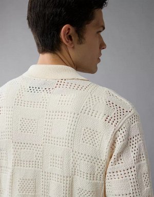 AE Weekend Textured Checkerboard Button-Up Sweater Polo Shirt