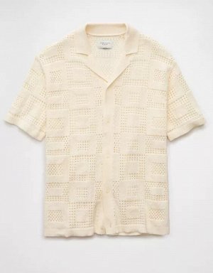 AE Weekend Textured Checkerboard Button-Up Sweater Polo Shirt