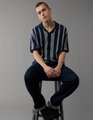 AE Weekend Striped Button-Up Sweater Polo Shirt