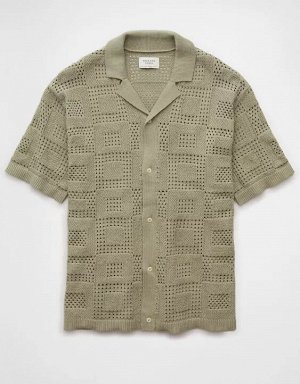 AE Weekend Textured Checkerboard Button-Up Sweater Polo Shirt