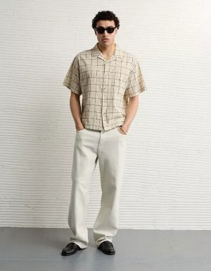 AE Poolside Linen-Blend Plaid Button-Up Shirt