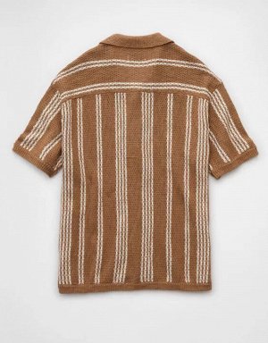 AE Weekend Striped Button-Up Sweater Polo Shirt