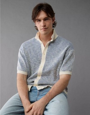 AE Weekend Striped Button-Up Sweater Polo Shirt