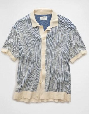 AE Weekend Striped Button-Up Sweater Polo Shirt