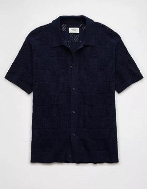 AE Weekend Checkerboard Button-Up Sweater Polo Shirt