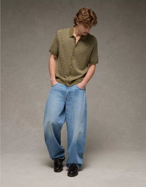 AE Weekend Striped Button-Up Sweater Polo Shirt