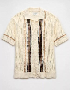 AE Weekend Crochet Button-Up Sweater Polo Shirt