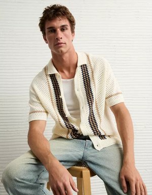 AE Weekend Crochet Button-Up Sweater Polo Shirt