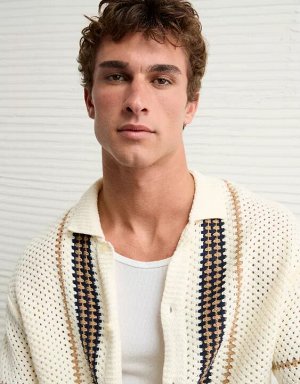 AE Weekend Crochet Button-Up Sweater Polo Shirt