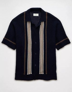 AE Weekend Crochet Button-Up Sweater Polo Shirt