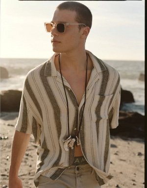 AE Poolside Linen-Blend Striped Button-Up Shirt