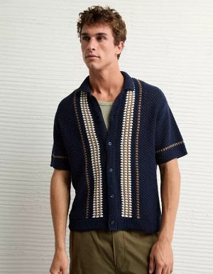 AE Weekend Crochet Button-Up Sweater Polo Shirt