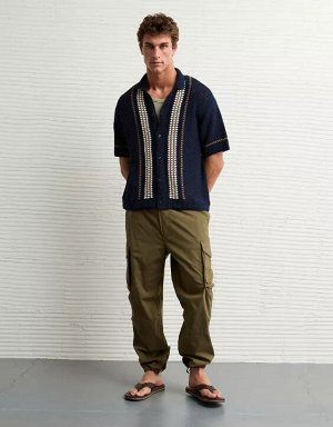 AE Weekend Crochet Button-Up Sweater Polo Shirt