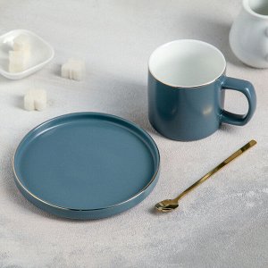 Чайная пара керамическая «Грация», чашка 220 мл, блюдце 14,5 см, ложка, цвет серо-синий матовый