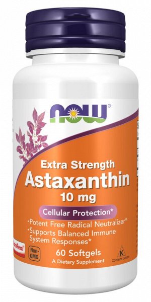 Астаксантин (Astaxanthin) 10 мг – NOW Foods – 60 капсул – мощный антиоксидант для здоровья глаз, кожи и иммунитета