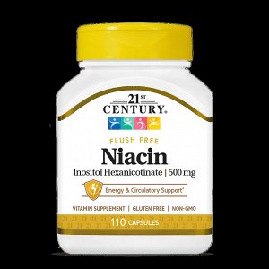 Ниацин (Inositol Hexanicotinate) 500 мг – 21st Century – 110 капсул – поддержка энергии и здоровья без эффекта покраснения