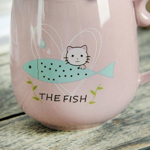 Кружка с керамической крышкой и ложкой «Кот и рыбка», 400 мл, цвет МИКС